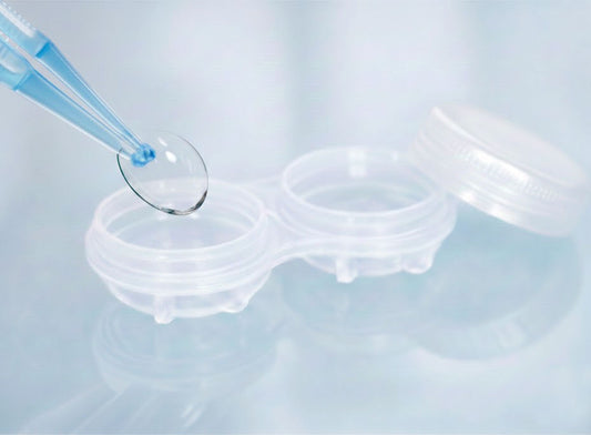 Toric contact lenses for astigmatism in a lens case, showing proper care for colored contact lenses
