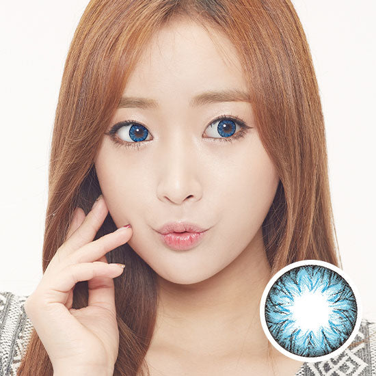 Best Korean Colored Contact Lenses - Eclair Blue Colored Contacts (1 Pair) /  These 3-tone blue coloured contact lenses with colorful and unique patterns can be worn in a variety of ways, such as Halloween, parties, fancy makeup, and cosplay looks. The graphic diameter of 13.4mm will enlarge your pupils a little more and make them more attractive.  / Prescription and non-prescription available, Cheapest Colored Contact Lenses. Buy Colored Contact Lenses Online - EyeMellow