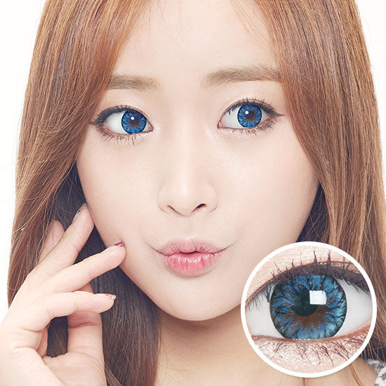 Best Korean Colored Contact Lenses - Eclair Blue Colored Contacts (1 Pair) /  These 3-tone blue coloured contact lenses with colorful and unique patterns can be worn in a variety of ways, such as Halloween, parties, fancy makeup, and cosplay looks. The graphic diameter of 13.4mm will enlarge your pupils a little more and make them more attractive.  / Prescription and non-prescription available, Cheapest Colored Contact Lenses. Buy Colored Contact Lenses Online - EyeMellow