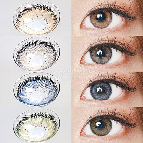 Best Korean Colored Contact Lenses - Heimish 4Colors /  These 3-tone hazel-brown-black coloured ring circle lenses are recommended for dark brown eyes. The Black Limbal Ring and graphic diameter 13.3mm will enlarge your pupils a little more and change your eye color to bright and attractive.  These colorful 3-tone color contact lenses can be worn in various ways such as Halloween, parties, fancy makeup, and cosplay looks. / Buy Colored Contact Lenses Online - EyeMellow