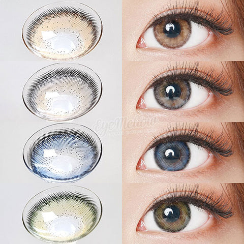 Best Korean Colored Contact Lenses - Heimish 4Colors /  These 3-tone hazel-brown-black coloured ring circle lenses are recommended for dark brown eyes. The Black Limbal Ring and graphic diameter 13.3mm will enlarge your pupils a little more and change your eye color to bright and attractive.  These colorful 3-tone color contact lenses can be worn in various ways such as Halloween, parties, fancy makeup, and cosplay looks. / Buy Colored Contact Lenses Online - EyeMellow