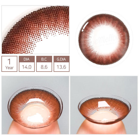 Best Coloured Toric Lenses for Astigmatism - Red Velvet Chocolate  Toric Colored Contact Lenses (1 Pair)     The 3-tone brown colored contacts of red brown and dark brown will give a natural and beautiful enlargement effect to dark brown eyes and a unique effect to bright eyes. The graphic diameter of 13.6mm will enlarge your pupils a little more and make them more attractive.    Custom-made Soft Contact Lenses - EyeMellow Korean Colored Contact Lenses Online Store