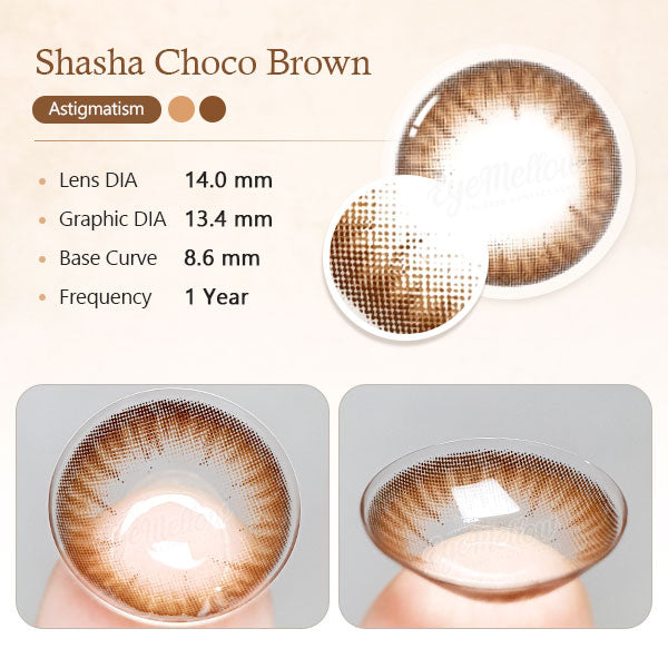 Best Coloured Toric Lenses for Astigmatism - Red Velvet Chocolate  Toric Colored Contact Lenses (1 Pair)     Soft hazel brown and chocolate brown 2-tone brown color contact lenses will give a natural and beautiful enlargement effect to dark brown eyes and a unique effect to bright eyes. The graphic diameter of 13.6mm will make your pupils more enlarged and beautiful.  Custom-made Soft Contact Lenses - EyeMellow Korean Colored Contact Lenses Online Store