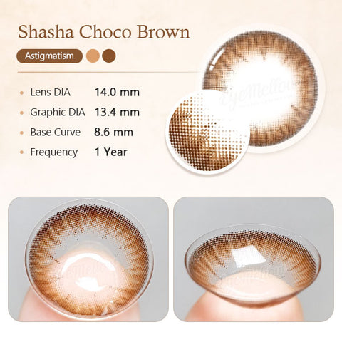 Best Coloured Toric Lenses for Astigmatism - Red Velvet Chocolate  Toric Colored Contact Lenses (1 Pair)     Soft hazel brown and chocolate brown 2-tone brown color contact lenses will give a natural and beautiful enlargement effect to dark brown eyes and a unique effect to bright eyes. The graphic diameter of 13.6mm will make your pupils more enlarged and beautiful.  Custom-made Soft Contact Lenses - EyeMellow Korean Colored Contact Lenses Online Store