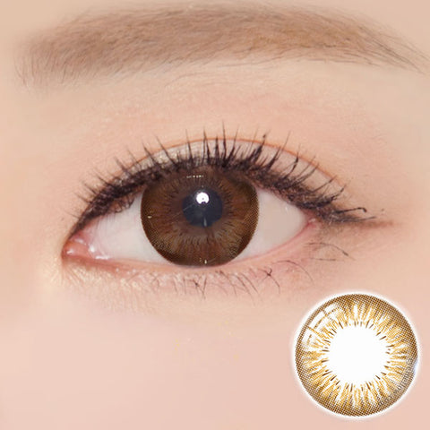 Best Korean Colored Contact Lenses - Sunflower Brown Colored Contacts (1 Pair) /  These brown contact lenses with a hazel-brown pattern resembling a sunflower will give a natural and beautiful enlargement effect to dark brown eyes and a unique effect to bright eyes. and the chocolate limbal ring and graphic diameter of 13.5 mm will enlarge your pupils a little more and make them more attractive.  / Prescription and non-prescription available. Buy Colored Contact Lenses Online - EyeMellow