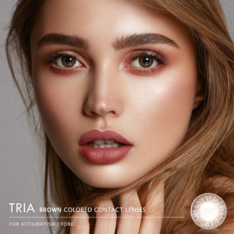 Best Korean Colored Contact Lenses - Tria Brown Colored Contacts (1 Pair) /  These hazel-brown-chocolate 3-tone color contact lens will give a beautiful enlargement effect to dark brown eyes and a unique effect to bright eyes. The graphic diameter of 13.6mm with chocolate colored edges will make your pupils more enlarged and attractive.   / Prescription and non-prescription available, Cheapest Colored Contact Lenses. Buy Colored Contact Lenses Online - EyeMellow